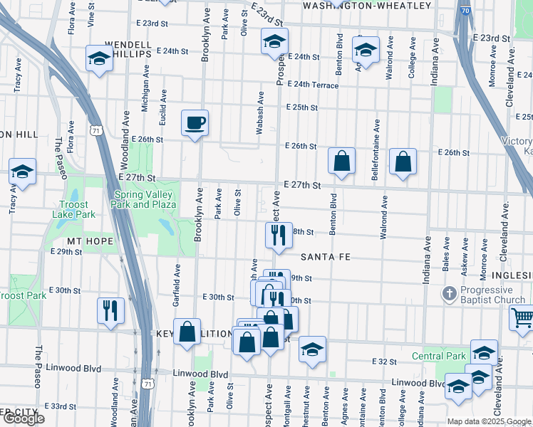 map of restaurants, bars, coffee shops, grocery stores, and more near 2804 Prospect Avenue in Kansas City