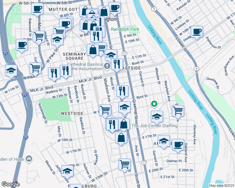 map of restaurants, bars, coffee shops, grocery stores, and more near 16 Martin Street in Covington