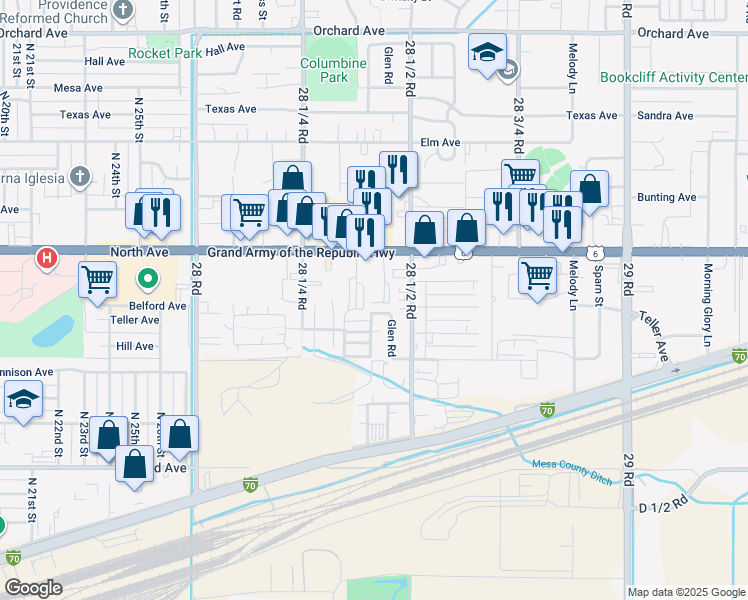 map of restaurants, bars, coffee shops, grocery stores, and more near 2837 North Avenue in Grand Junction