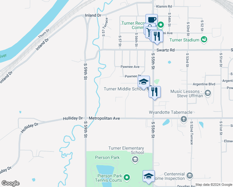 map of restaurants, bars, coffee shops, grocery stores, and more near 1312 South 55th Street in Kansas City