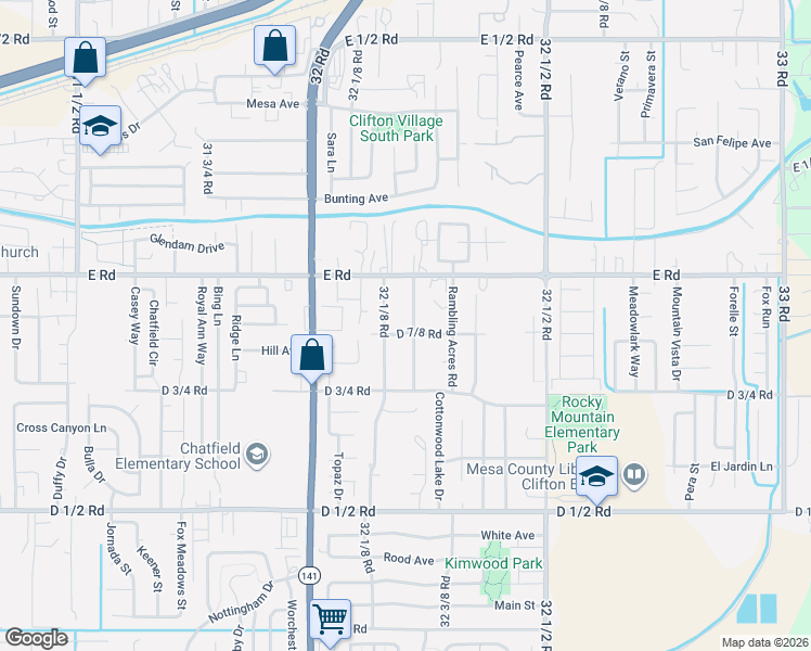 map of restaurants, bars, coffee shops, grocery stores, and more near 494 1/2 32 1/8 Road in Clifton