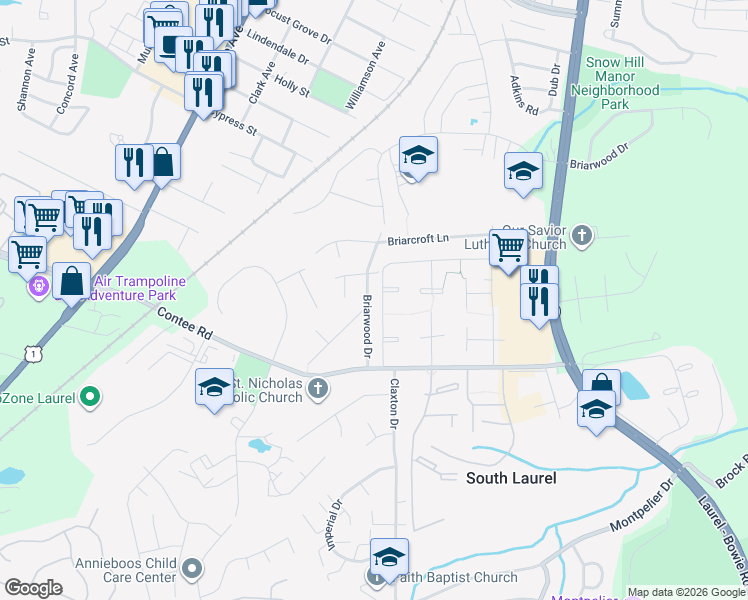 map of restaurants, bars, coffee shops, grocery stores, and more near 13403 Briarwood Drive in Laurel