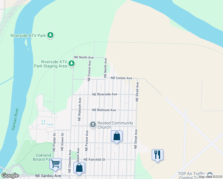 map of restaurants, bars, coffee shops, grocery stores, and more near 1330 Northeast Oakland Avenue in Topeka