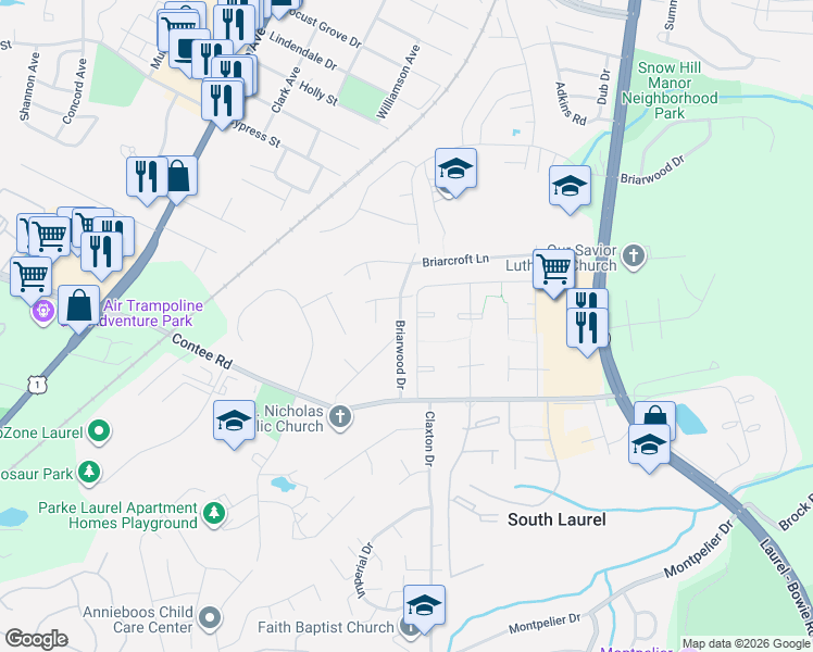 map of restaurants, bars, coffee shops, grocery stores, and more near 13403 Briarwood Drive in Laurel
