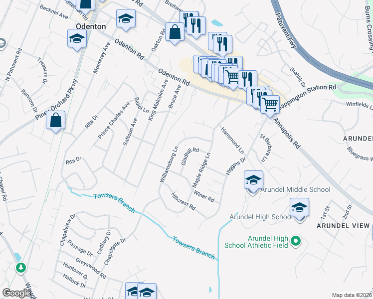 map of restaurants, bars, coffee shops, grocery stores, and more near 516 Gladhill Road in Odenton