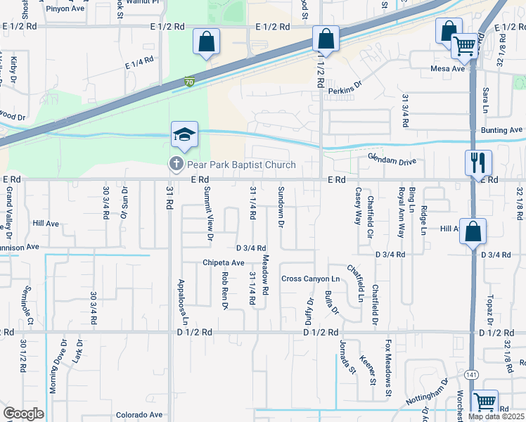 map of restaurants, bars, coffee shops, grocery stores, and more near 491 Meadow Road in Grand Junction