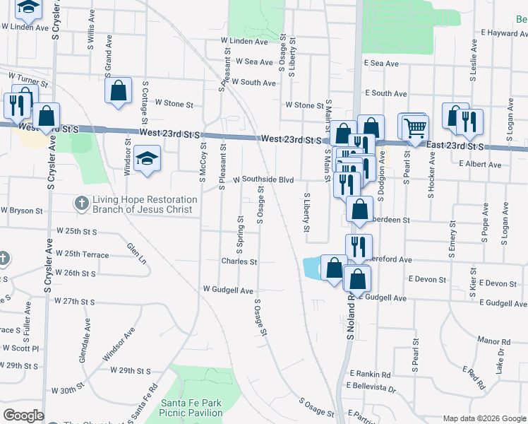 map of restaurants, bars, coffee shops, grocery stores, and more near 1325 South Osage Street in Independence