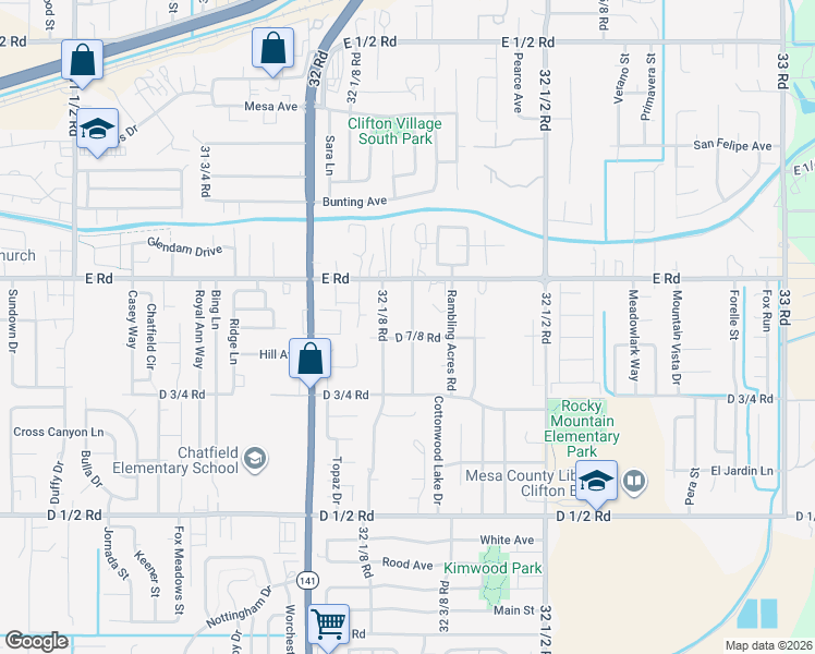 map of restaurants, bars, coffee shops, grocery stores, and more near 494 1/2 32 1/8 Road in Clifton