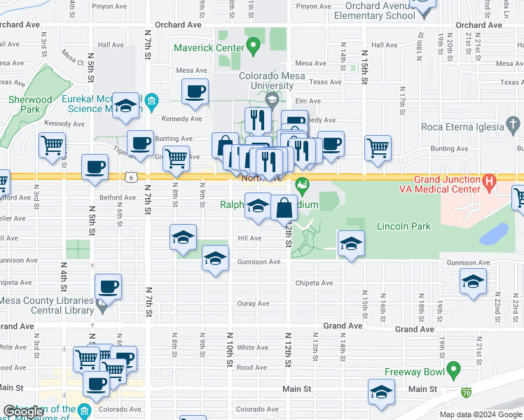 map of restaurants, bars, coffee shops, grocery stores, and more near 1130 Belford Avenue in Grand Junction