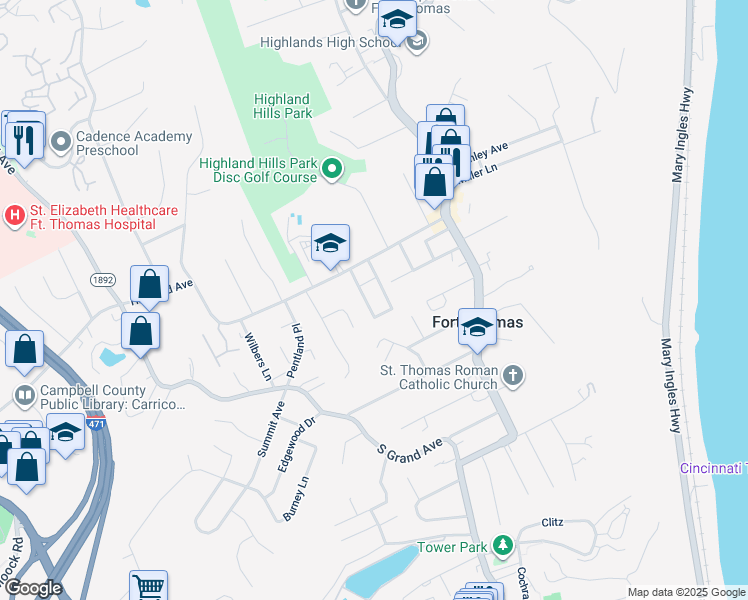 map of restaurants, bars, coffee shops, grocery stores, and more near 20 East Vernon Lane in Fort Thomas