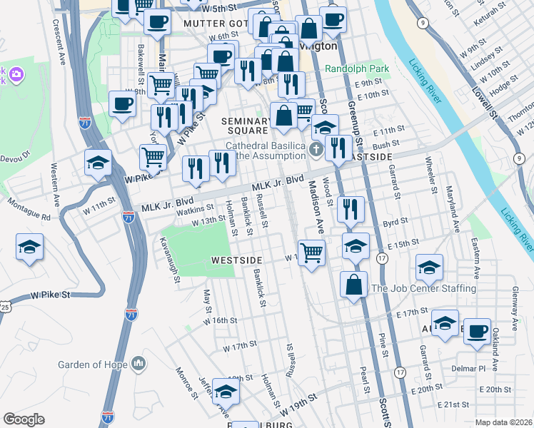 map of restaurants, bars, coffee shops, grocery stores, and more near 1220 Russell Street in Covington