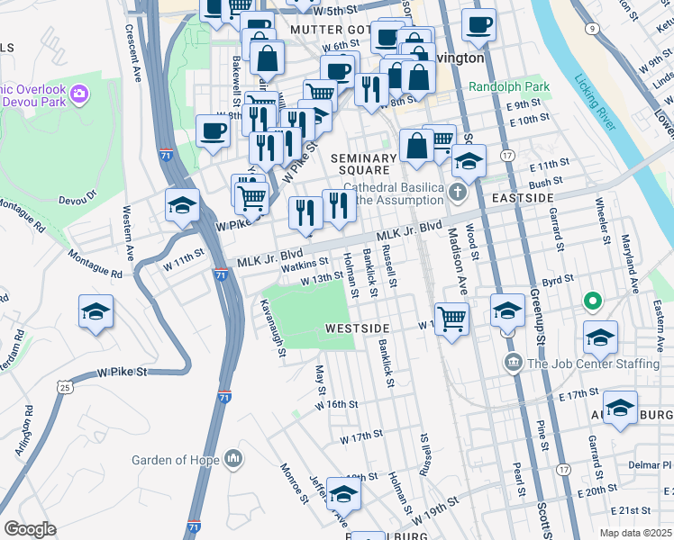 map of restaurants, bars, coffee shops, grocery stores, and more near 321 West Martin Luther King Jr. Boulevard in Covington