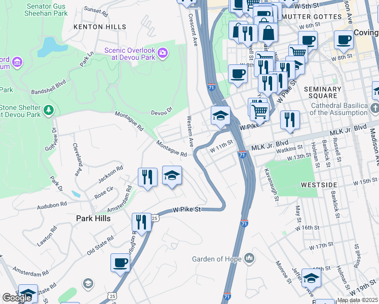 map of restaurants, bars, coffee shops, grocery stores, and more near 727 Lewis Street in Covington