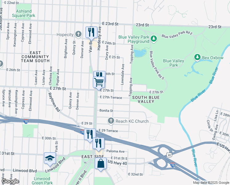 map of restaurants, bars, coffee shops, grocery stores, and more near 2644 Oakley Avenue in Kansas City