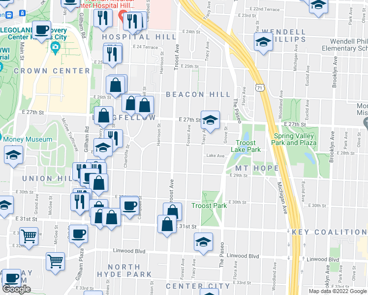 map of restaurants, bars, coffee shops, grocery stores, and more near 2735a Troost Avenue in Kansas City