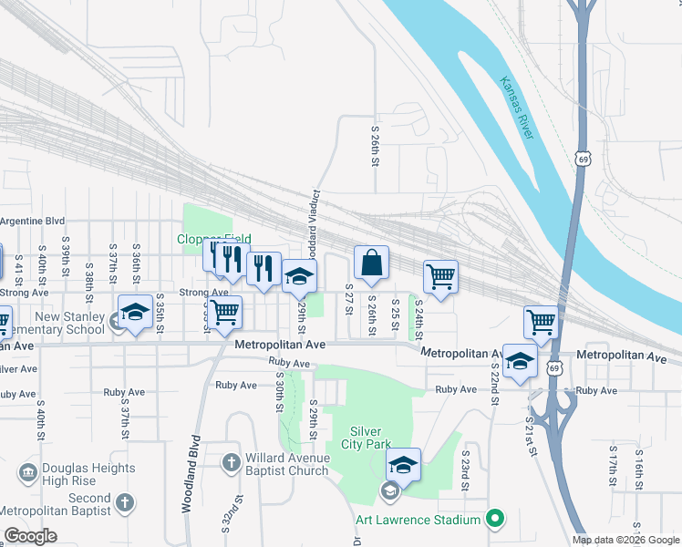 map of restaurants, bars, coffee shops, grocery stores, and more near 1320 South 27 Street in Kansas City