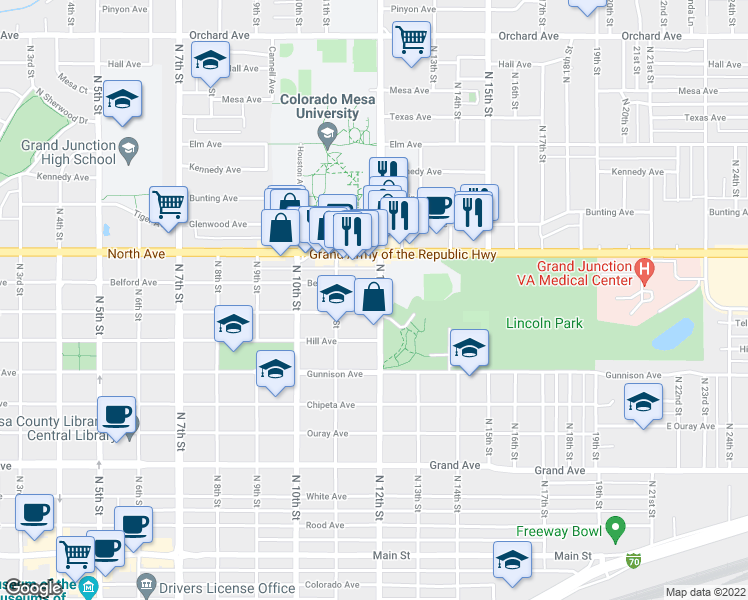 map of restaurants, bars, coffee shops, grocery stores, and more near 923 North 12th Street in Grand Junction