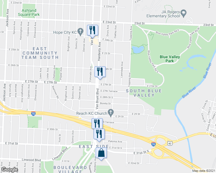 map of restaurants, bars, coffee shops, grocery stores, and more near 5431 East 27th Street in Kansas City