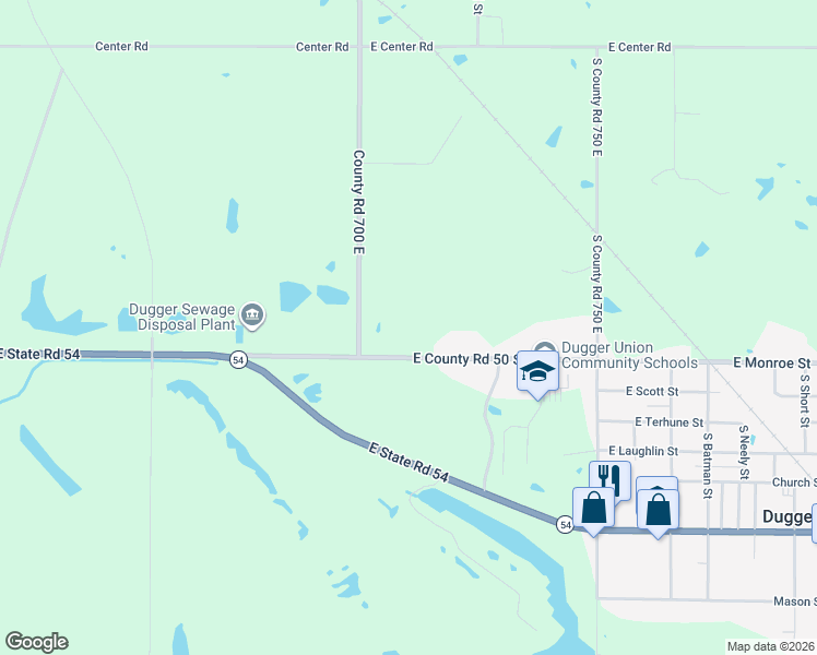 map of restaurants, bars, coffee shops, grocery stores, and more near 7085 East County Road 50 South in Dugger