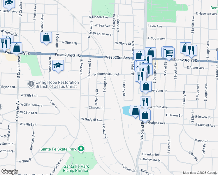 map of restaurants, bars, coffee shops, grocery stores, and more near 1325 South Osage Street in Independence