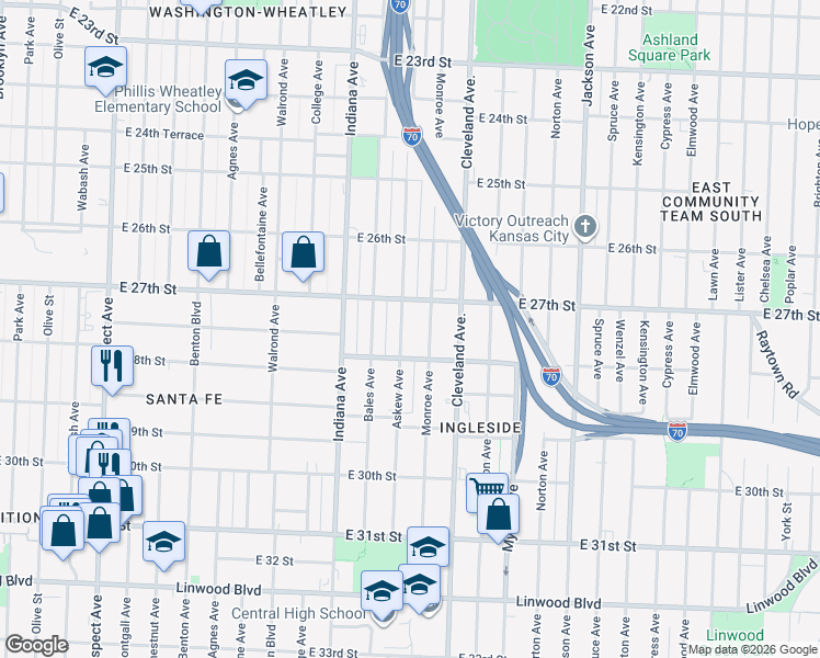 map of restaurants, bars, coffee shops, grocery stores, and more near 3609 East 27th Street in Kansas City