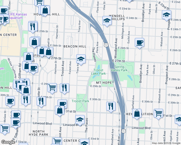 map of restaurants, bars, coffee shops, grocery stores, and more near 2727 Grove Street in Kansas City