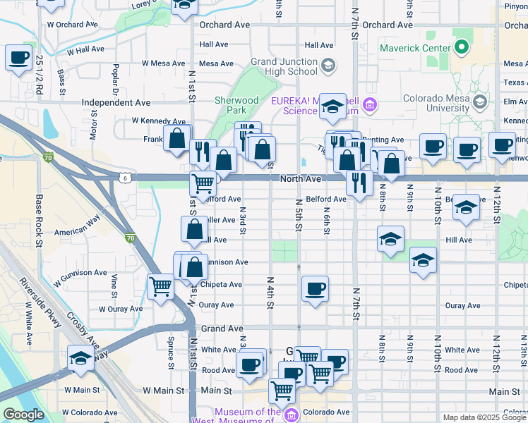 map of restaurants, bars, coffee shops, grocery stores, and more near 354 Teller Avenue in Grand Junction