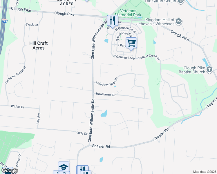 map of restaurants, bars, coffee shops, grocery stores, and more near 853 Meadow Ridge Drive in Cincinnati
