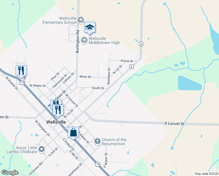 map of restaurants, bars, coffee shops, grocery stores, and more near 609 North 2nd Street in Wellsville