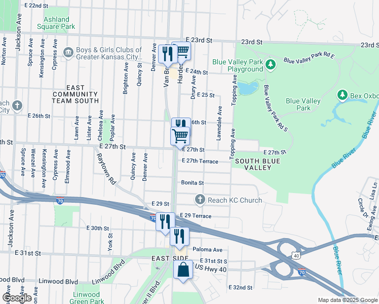 map of restaurants, bars, coffee shops, grocery stores, and more near 2642 Drury Avenue in Kansas City