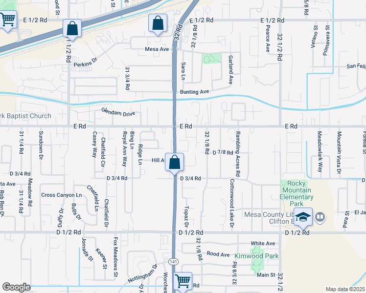 map of restaurants, bars, coffee shops, grocery stores, and more near 494 32 Road in Clifton