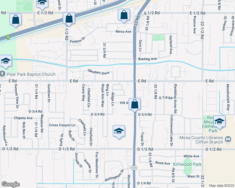 map of restaurants, bars, coffee shops, grocery stores, and more near 3184 Brook View Way in Grand Junction