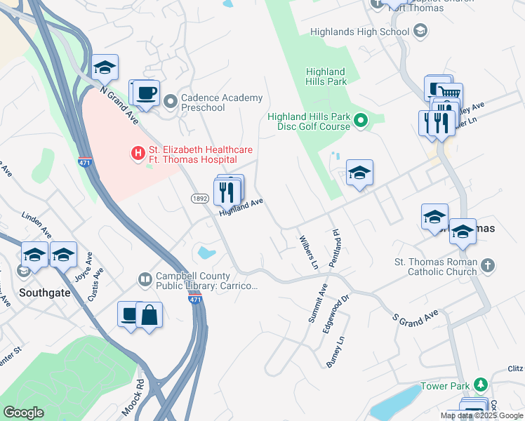 map of restaurants, bars, coffee shops, grocery stores, and more near 555 Highland Avenue in Fort Thomas
