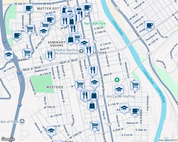 map of restaurants, bars, coffee shops, grocery stores, and more near 1303 Scott Boulevard in Covington
