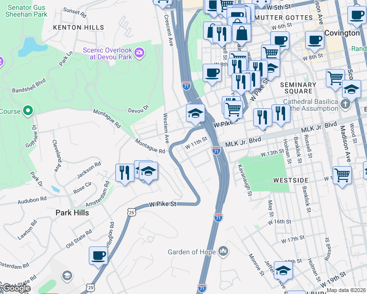 map of restaurants, bars, coffee shops, grocery stores, and more near 627 West Pike Street in Covington