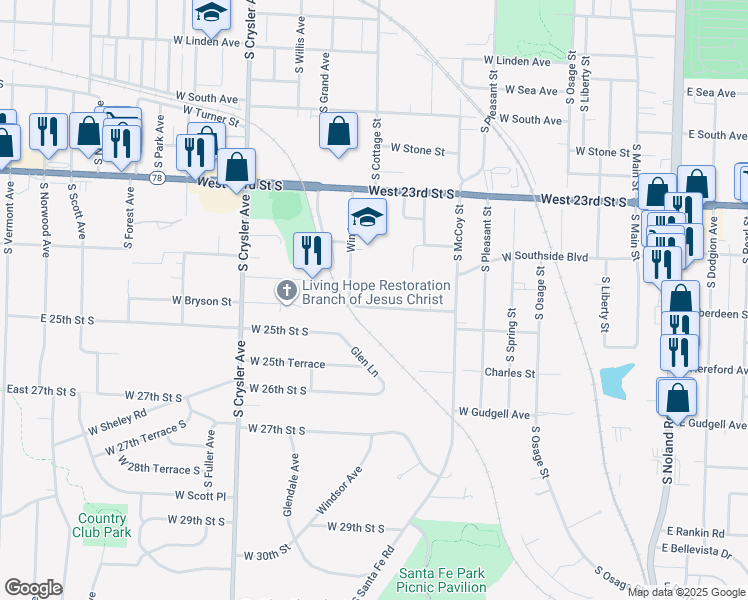 map of restaurants, bars, coffee shops, grocery stores, and more near 828 West 24th Terrace in Independence