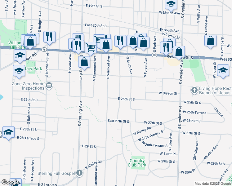 map of restaurants, bars, coffee shops, grocery stores, and more near 2418 South Norwood Avenue in Independence