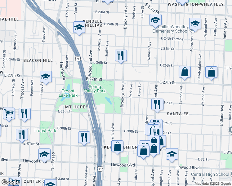 map of restaurants, bars, coffee shops, grocery stores, and more near 2725 Garfield Avenue in Kansas City