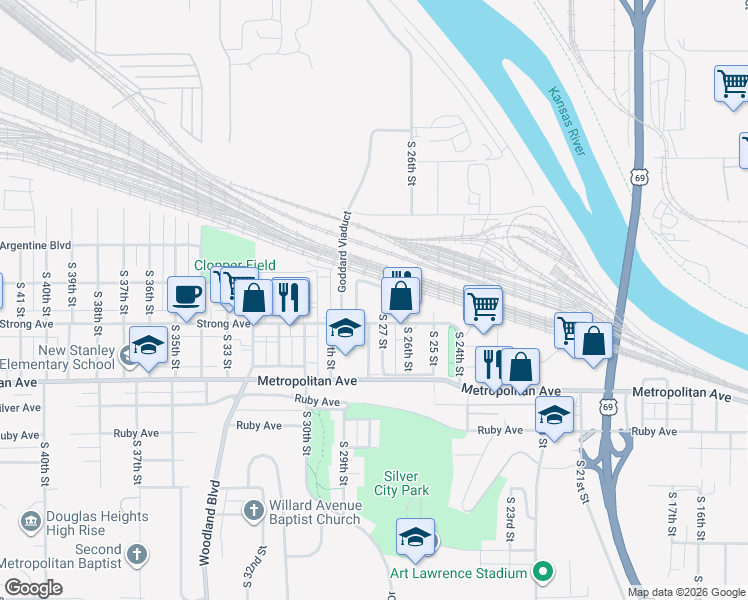 map of restaurants, bars, coffee shops, grocery stores, and more near 1320 South 27 Street in Kansas City