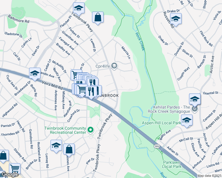 map of restaurants, bars, coffee shops, grocery stores, and more near 308 Meadow Hall Drive in Rockville