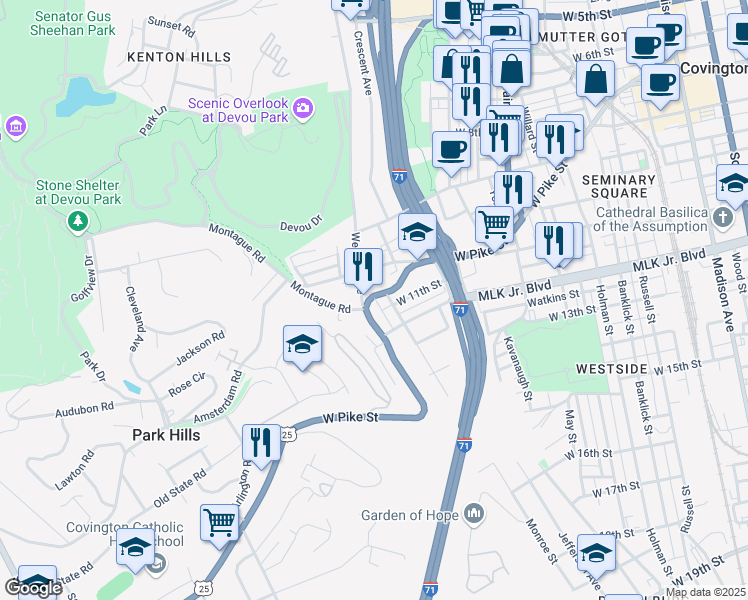 map of restaurants, bars, coffee shops, grocery stores, and more near 727 Lewis Street in Covington