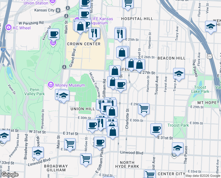 map of restaurants, bars, coffee shops, grocery stores, and more near 2750 Cherry Street in Kansas City