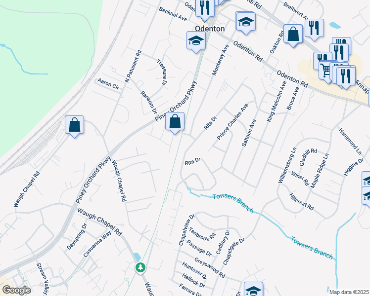 map of restaurants, bars, coffee shops, grocery stores, and more near 530 Rita Drive in Odenton