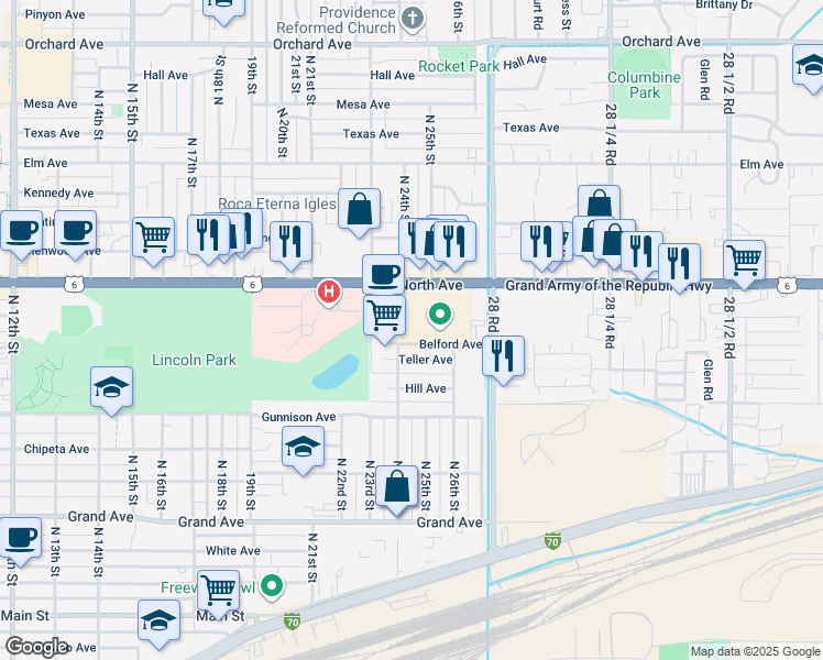 map of restaurants, bars, coffee shops, grocery stores, and more near 2301-2471 Grand Army of the Republic Highway in Grand Junction