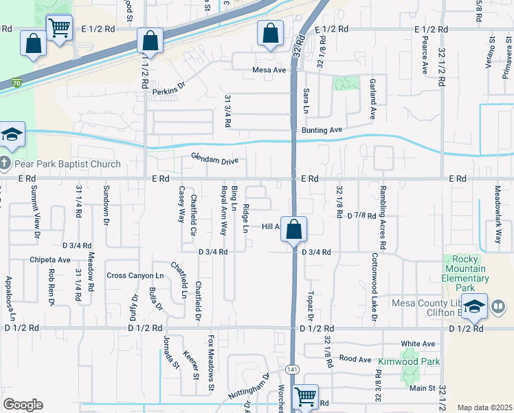 map of restaurants, bars, coffee shops, grocery stores, and more near 3184 Brook View Way in Grand Junction