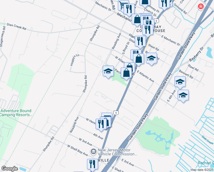 map of restaurants, bars, coffee shops, grocery stores, and more near 101 West Pacific Avenue in Middle Township