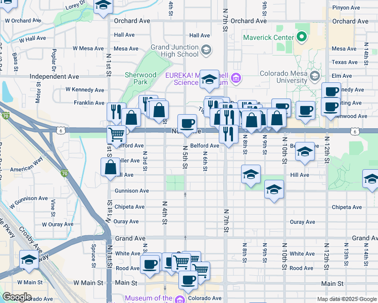map of restaurants, bars, coffee shops, grocery stores, and more near 1014 North 5th Street in Grand Junction