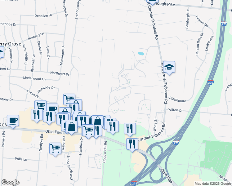 map of restaurants, bars, coffee shops, grocery stores, and more near 4104 Fox Run Trail in Cincinnati