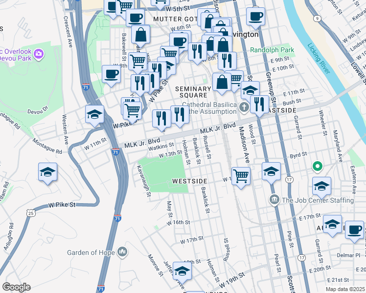 map of restaurants, bars, coffee shops, grocery stores, and more near 1213 Banklick Street in Covington