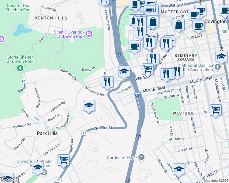 map of restaurants, bars, coffee shops, grocery stores, and more near 627 West Pike Street in Covington